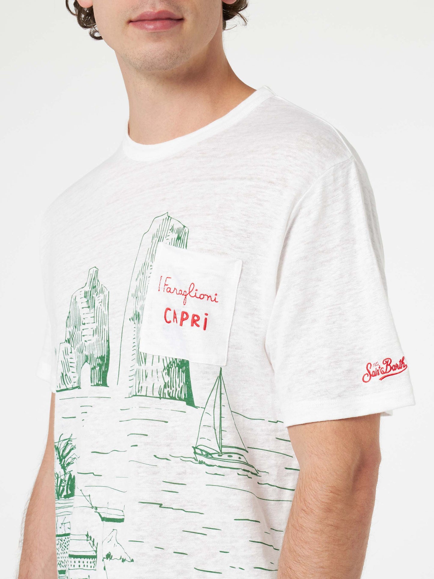Man linen jersey t-shirt Ecstasea with Capri placed print and embroidered pocket - MC2 Saint Barth