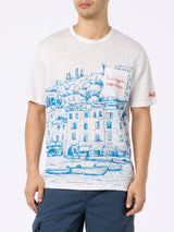 Man linen jersey t-shirt Ecstasea with Portofino placed print and embroidered pocket