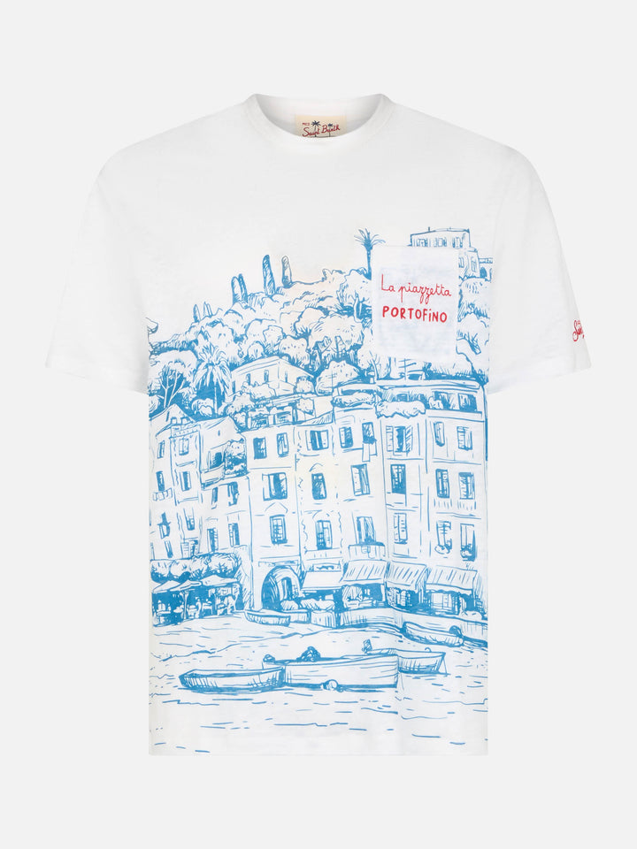 Man linen jersey t-shirt Ecstasea with Portofino placed print and embroidered pocket - MC2 Saint Barth