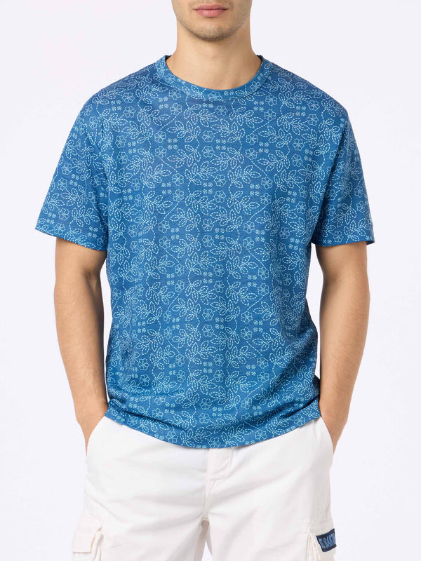 Man blue linen jersey t-shirt Ecstasea with sashiko print