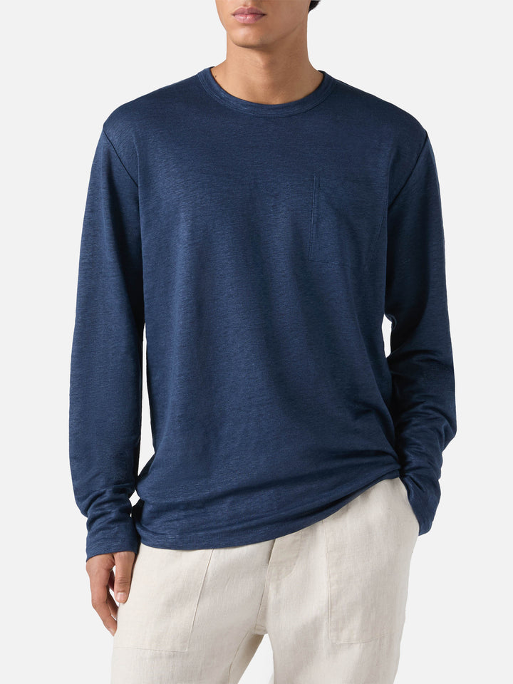 Man navy blue linen jersey t-shirt Ecstasea with pocket