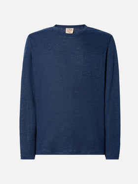 Man navy blue linen jersey t-shirt Ecstasea with pocket