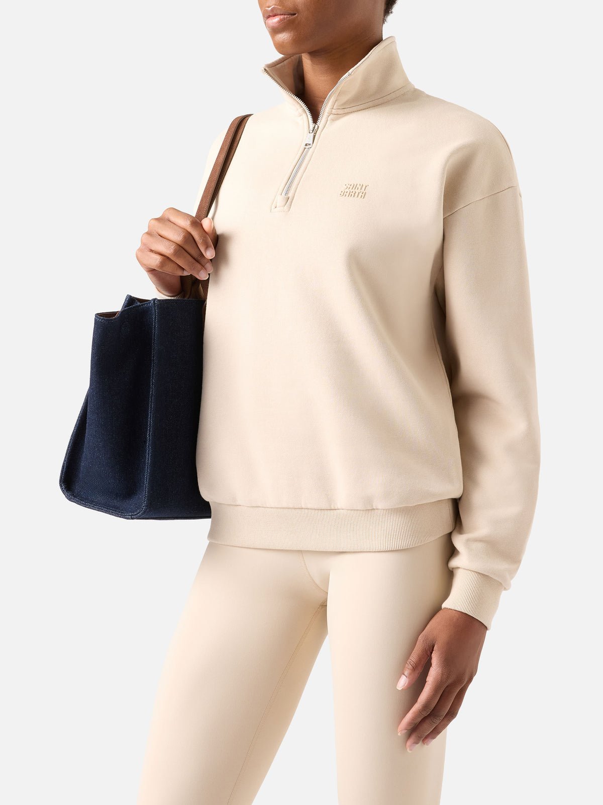 Sweat-shirt beige Eliade à demi-zip avec broderie du logo 