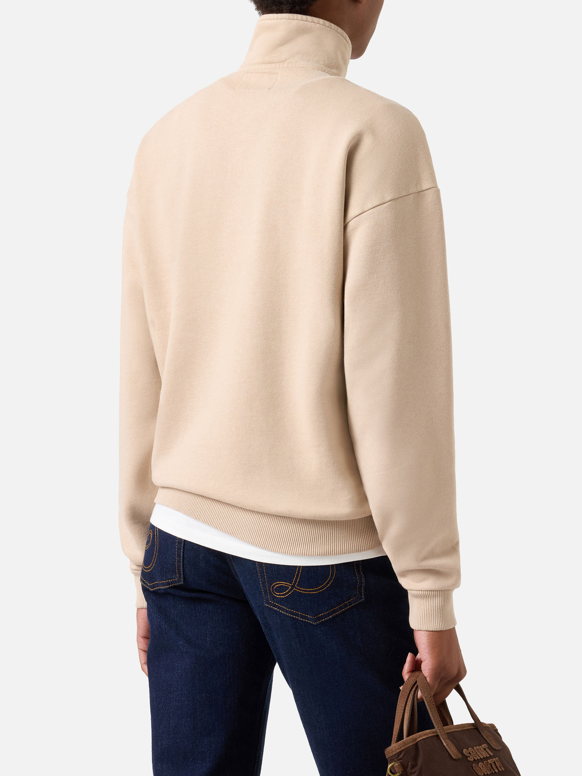 Sweat-shirt en coton beige Eliade à demi-zip avec logo floqué 