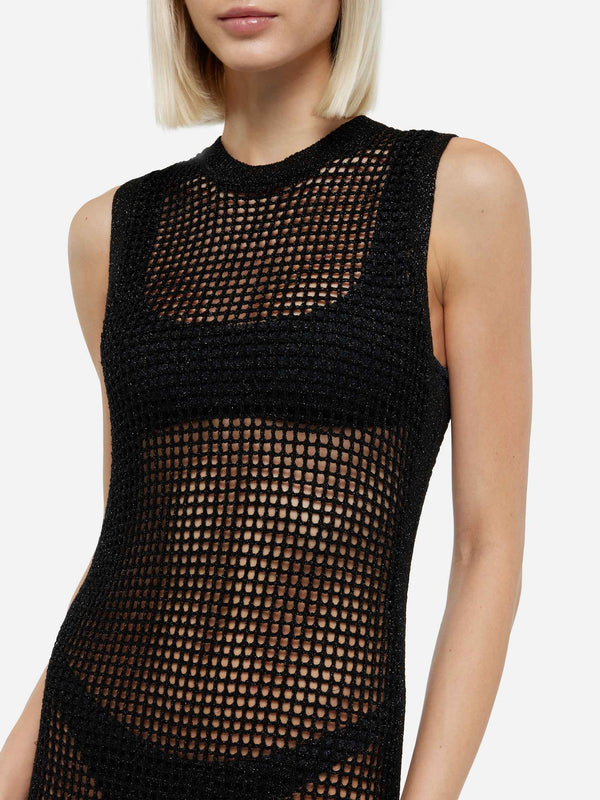 Eileen long lurex black mesh crochet dress