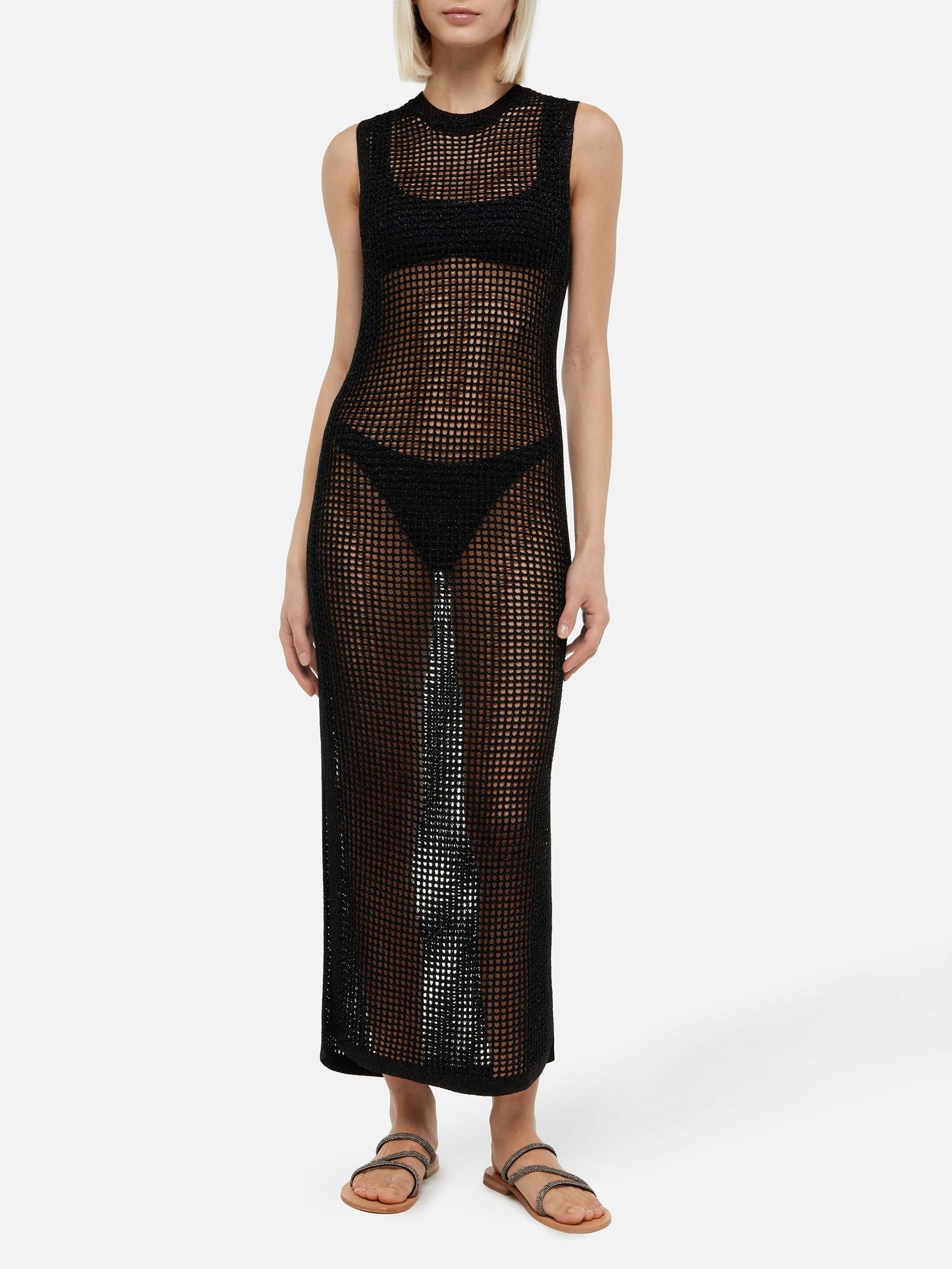 Abito lungo Eileen in rete crochet lurex nero