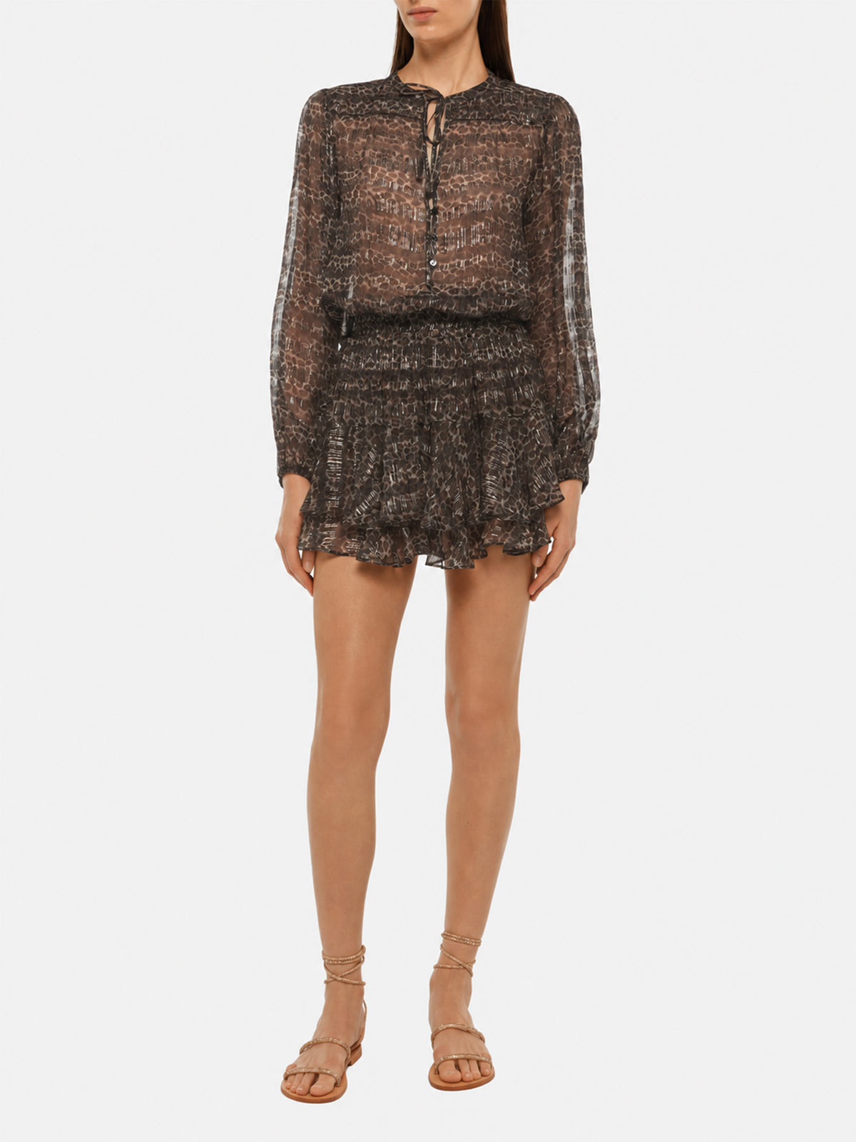 Minifalda Eivissa con volantes en voile de seda lurex con estampado animalier 