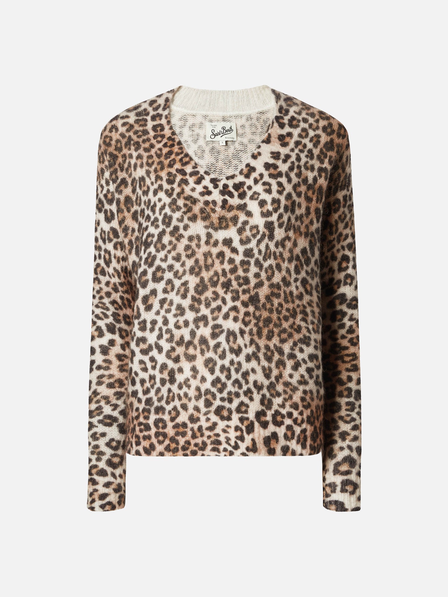 Elara V-neck sweater in camel mohair blend with leopard print