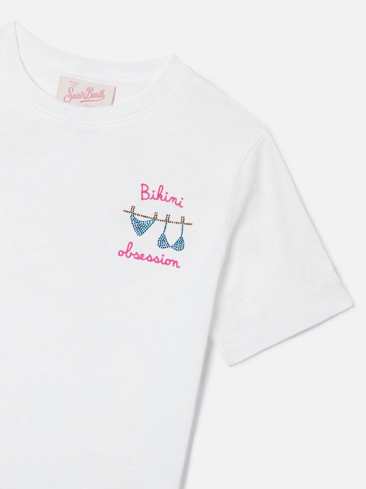 Elly T-shirt in white cotton with Bikini Obsession embroidery and rhinestones