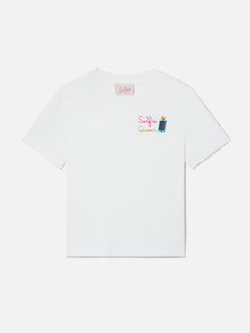 Elly T-Shirt aus weißer Baumwolle mit Selfie Queen-Stickerei 