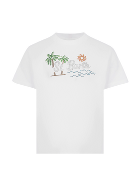 Elly cotton jersey crewneck t-shirt with Saint Barth sunset rhinestone desgin