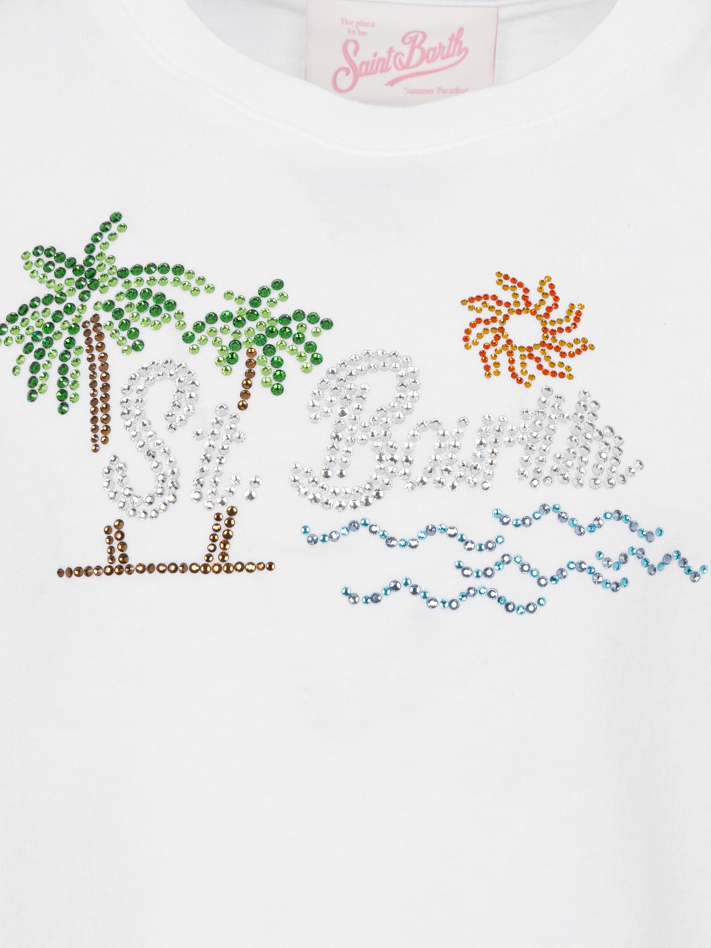 Elly cotton jersey crewneck t-shirt with Saint Barth sunset rhinestone desgin