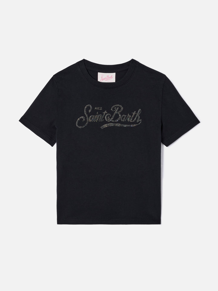 Elly t-shirt in black cotton with Saint Barth rhinestones embellishment