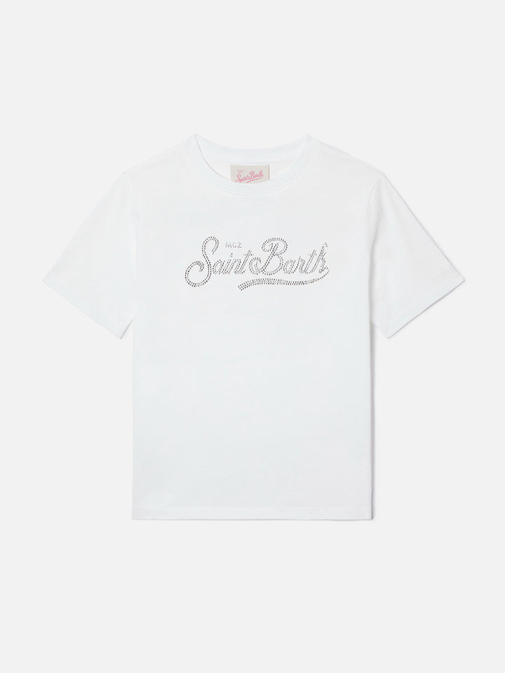 Elly T-shirt in white cotton with Saint Barth rhinestones embellishment