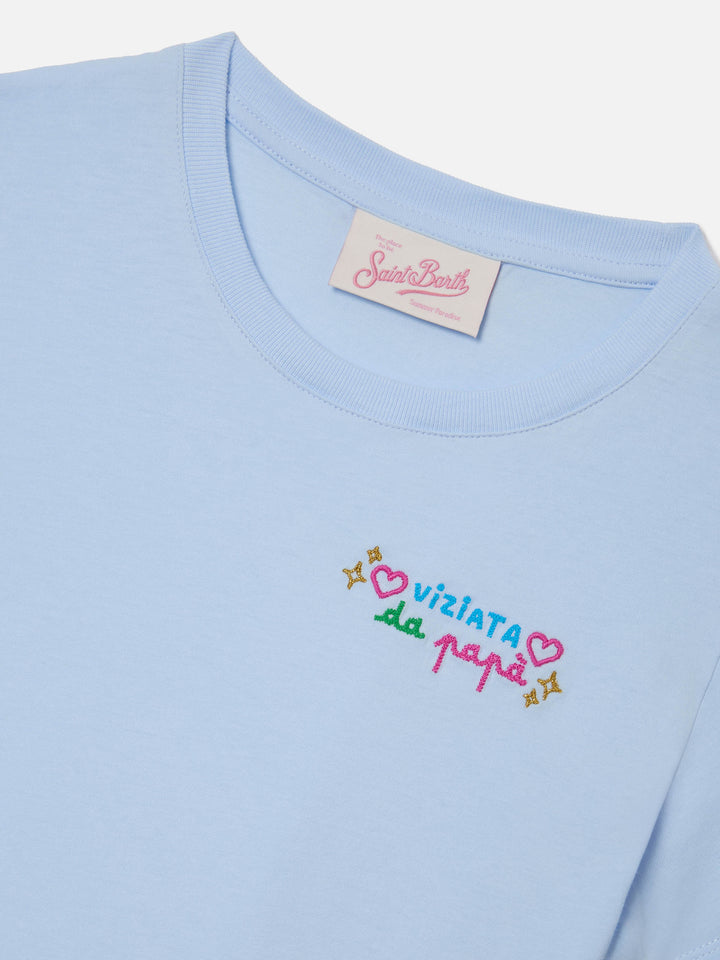 Elly T-shirt in light blue cotton with Viziata da papà embroidery