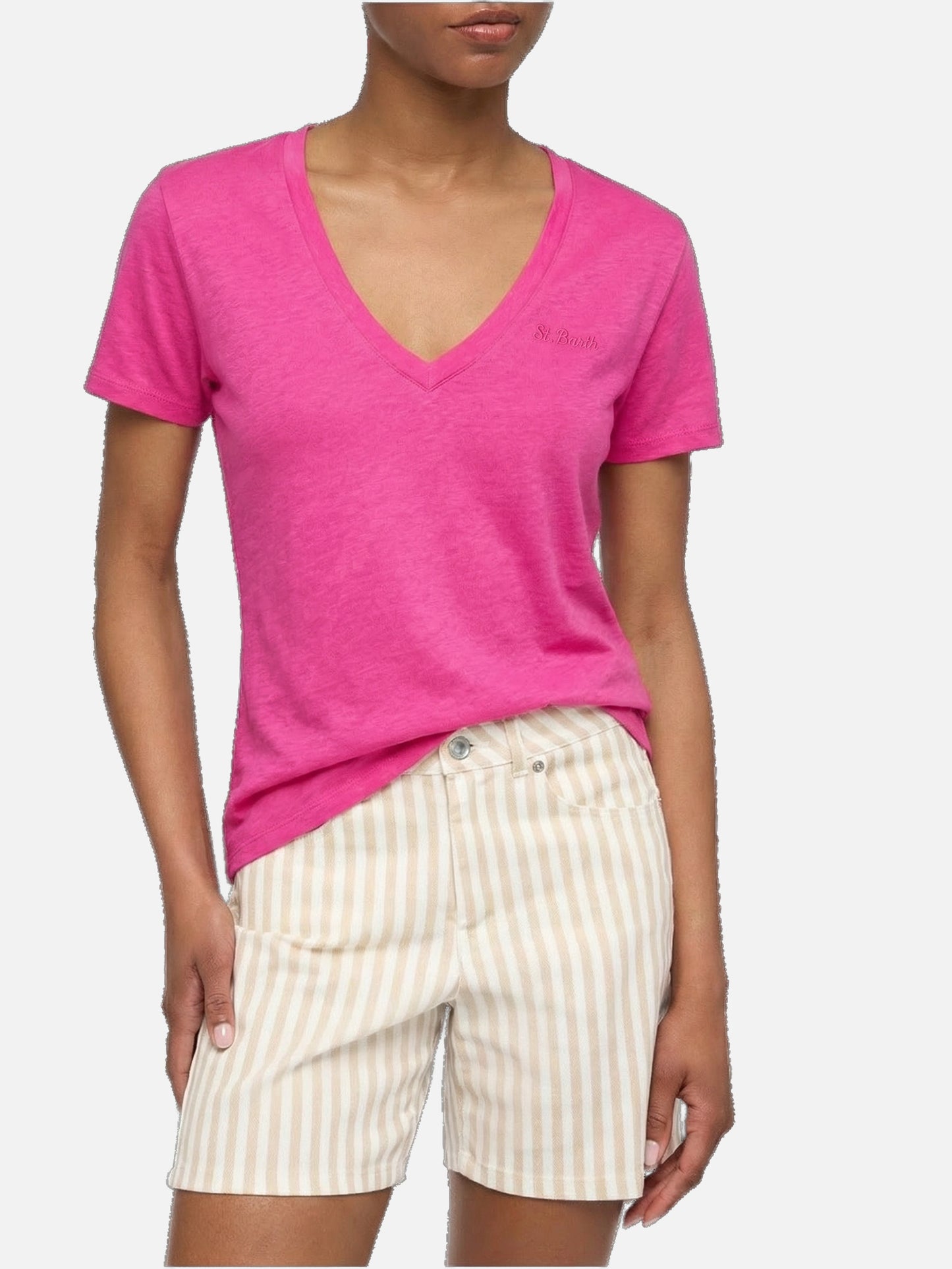 Linen jersey fluo pink V-neck t-shirt Eloise