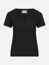 Schwarzes T-Shirt mit V-Ausschnitt aus Leinenjersey Eloise