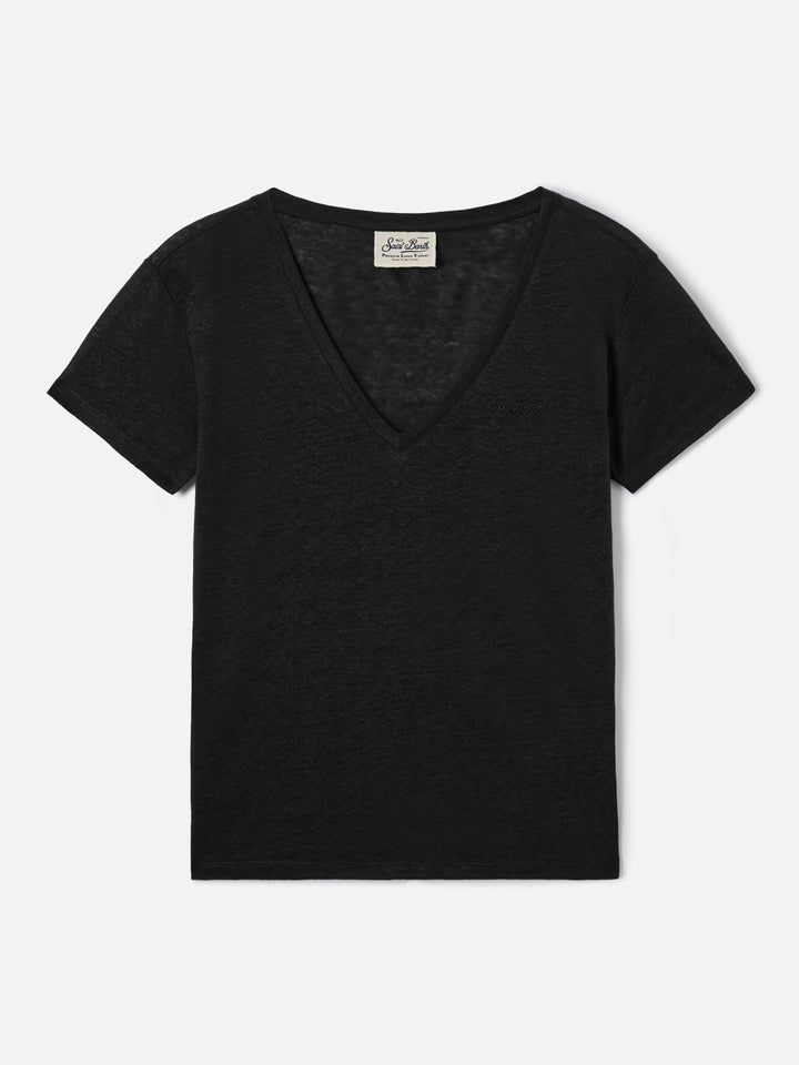 T-shirt Eloise en lin noir avec logo brodé 