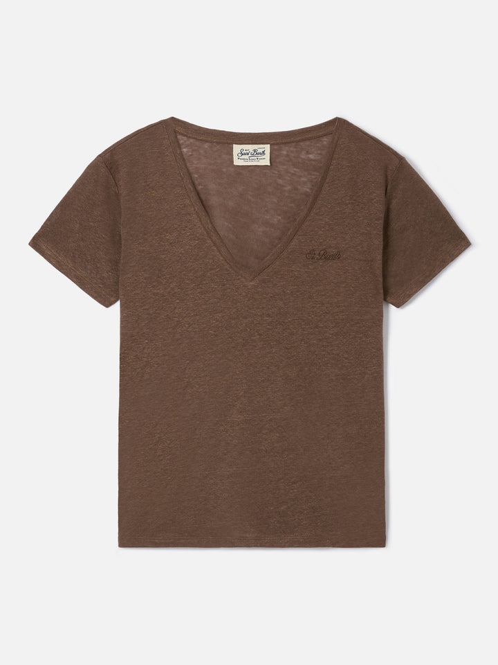 Camiseta Eloise de lino marrón con logotipo bordado 