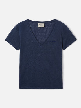 T-shirt Eloise in lino blu con logo ricamato