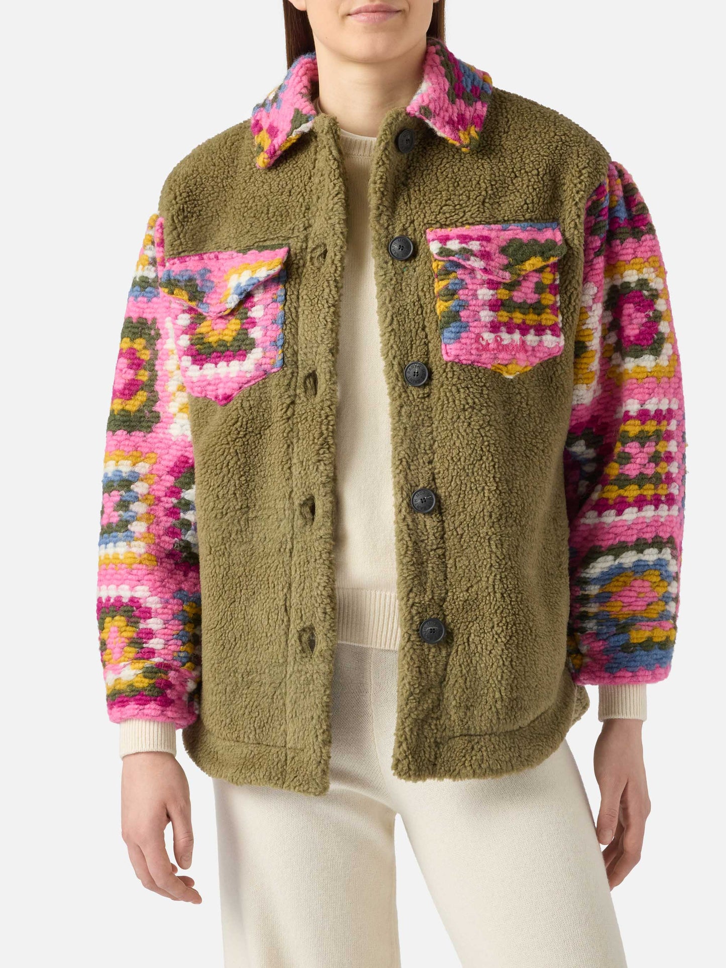 Woman sherpa overshirt with crochet details