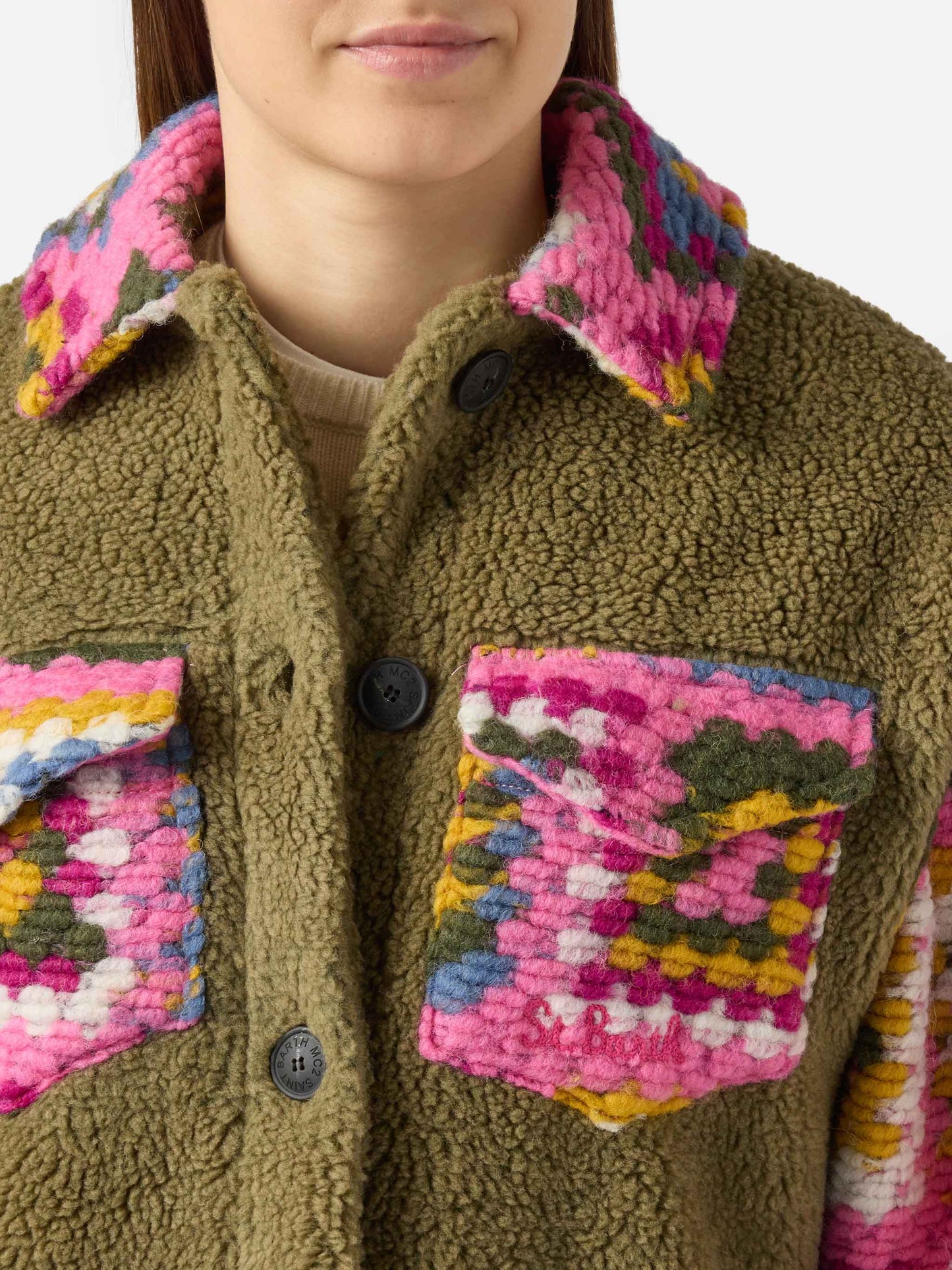 Woman sherpa overshirt with crochet details