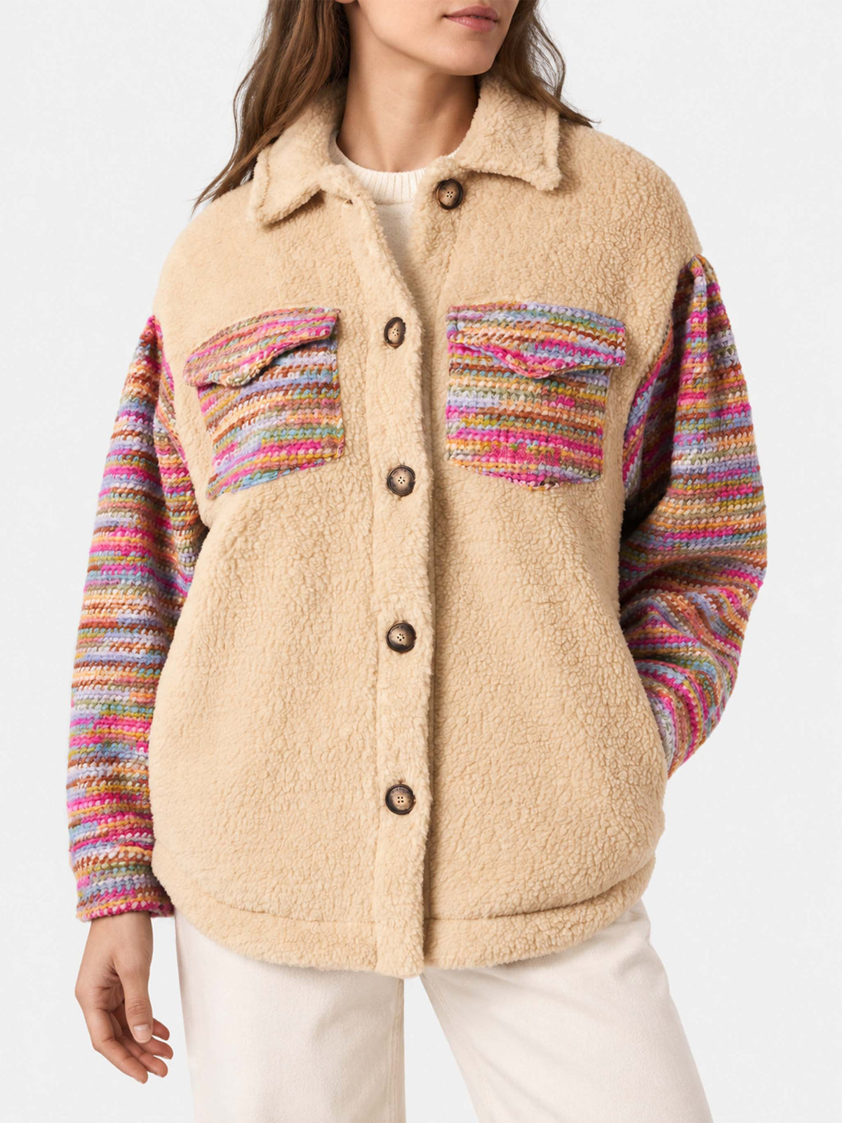 Chaqueta Elys beige efecto sherpa con detalles de crochet 
