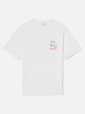 T-shirt Emilie bianca con ricamo Bikini Obsession e strass
