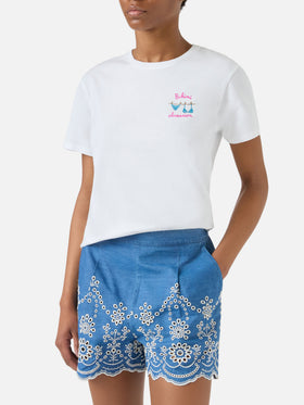 T-shirt Emilie bianca con ricamo Bikini Obsession e strass