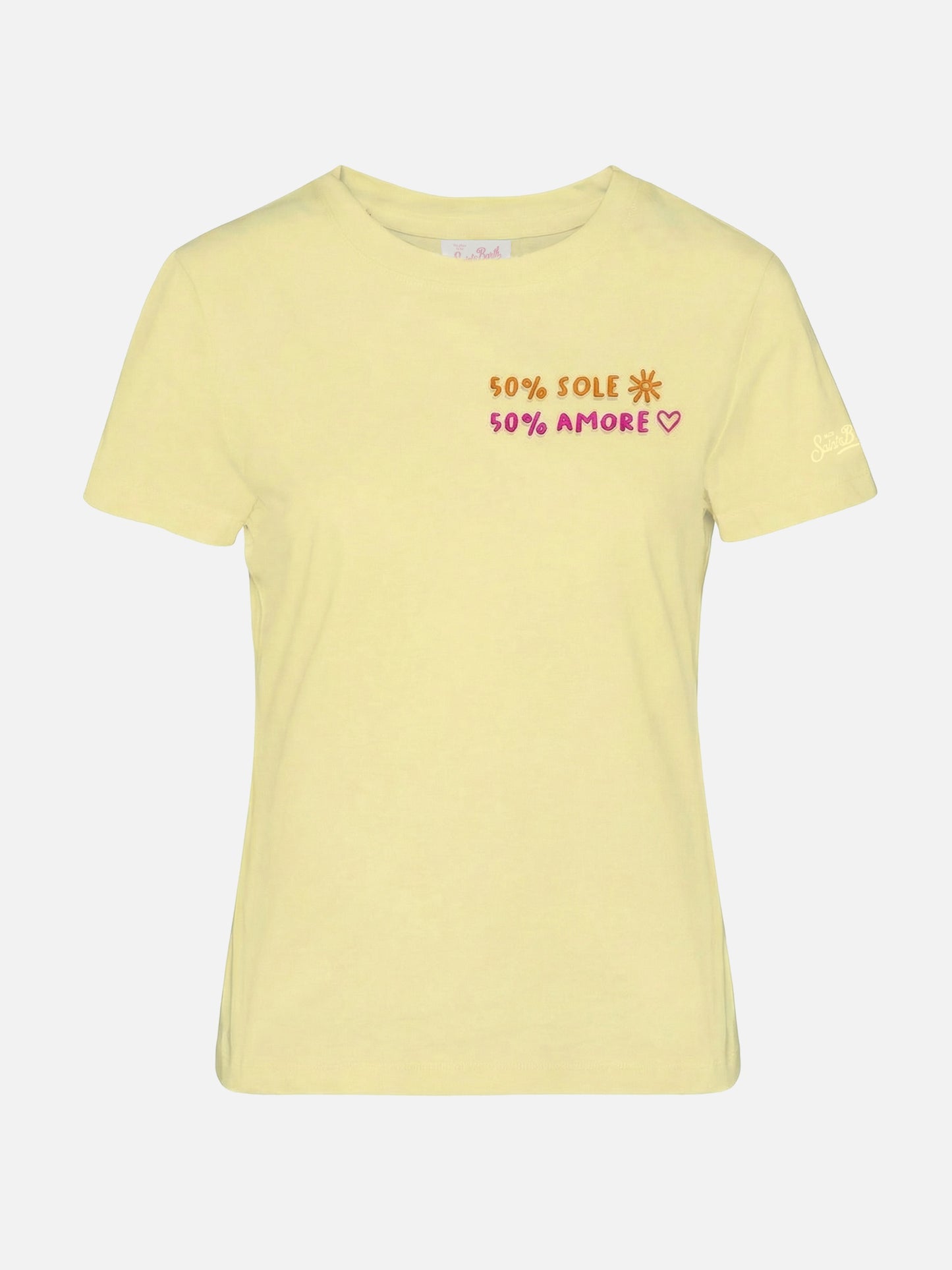 Emilie yellow cotton T-shirt with 50% Sole 50% Amore embroidery