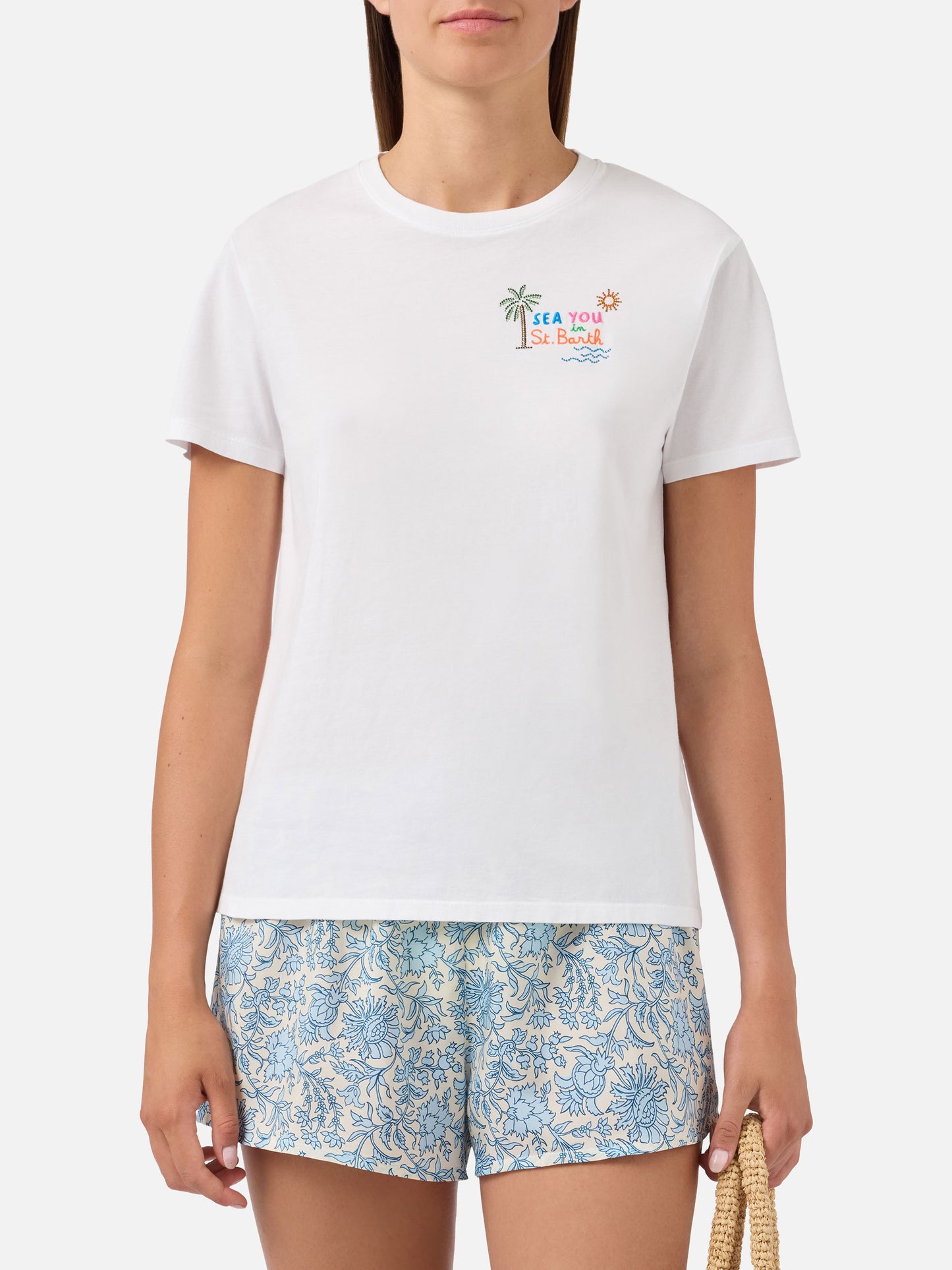 Camiseta Emilie blanca con bordado Sea You in St. Barth y strass 