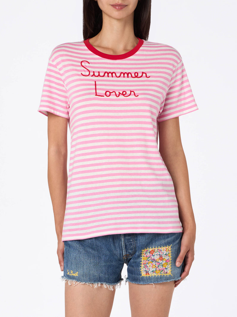 Woman striped cotton jersey crewneck t-shirt Emiilie with Summer Lover embroidery