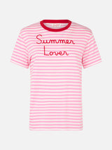 Woman striped cotton jersey crewneck t-shirt Emiilie with Summer Lover embroidery