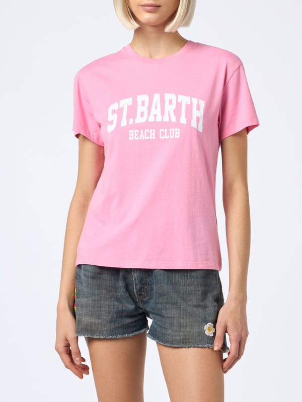 Woman cotton jersey crewneck t-shirt Emilie with Saint Barth Beach Club print