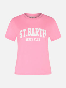 Woman cotton jersey crewneck t-shirt Emilie with Saint Barth Beach Club print
