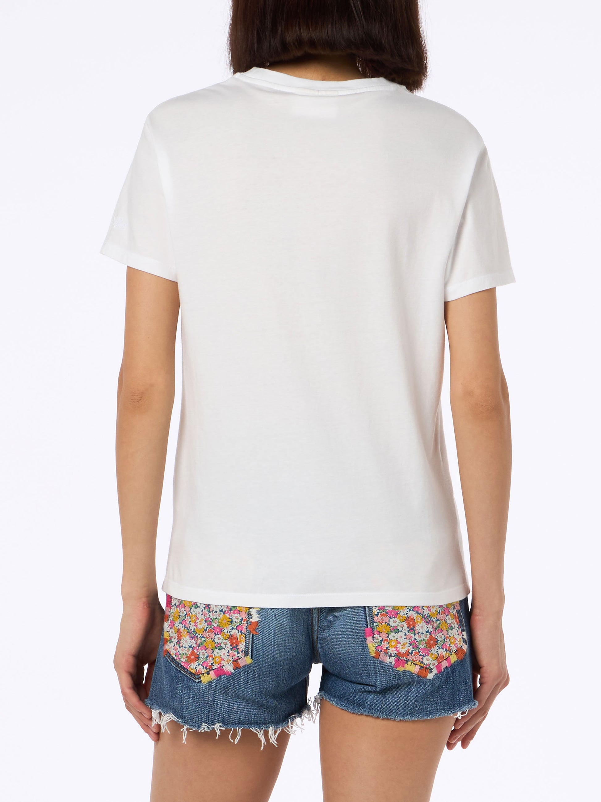 Woman pink cotton jersey crewneck t-shirt Emilie with Snoopy St. Barth Padel Club embroidery | SNOOPY PEANUTS SPECIAL EDITION - MC2 Saint Barth