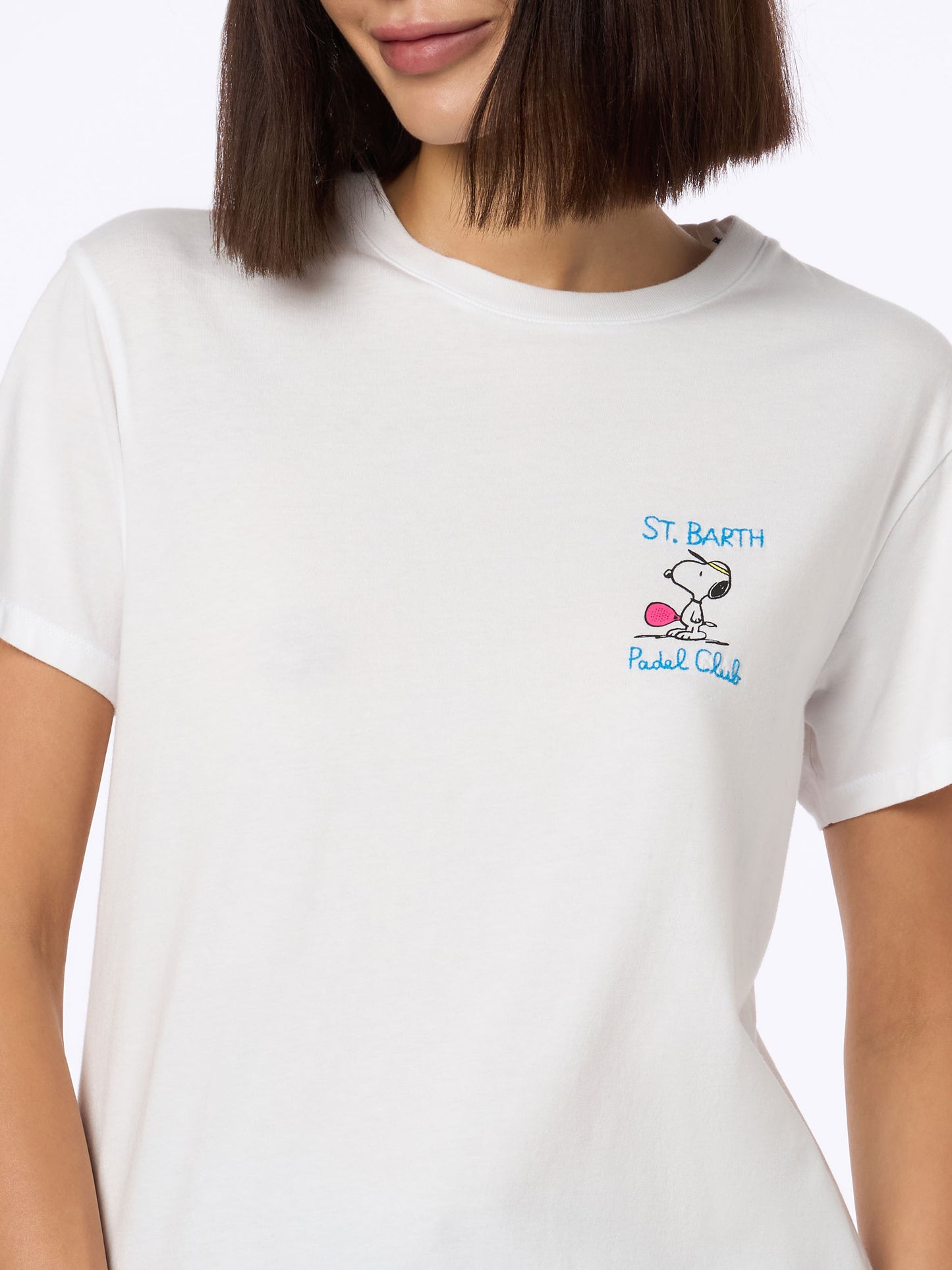 Woman pink cotton jersey crewneck t-shirt Emilie with Snoopy St. Barth Padel Club embroidery | SNOOPY PEANUTS SPECIAL EDITION - MC2 Saint Barth