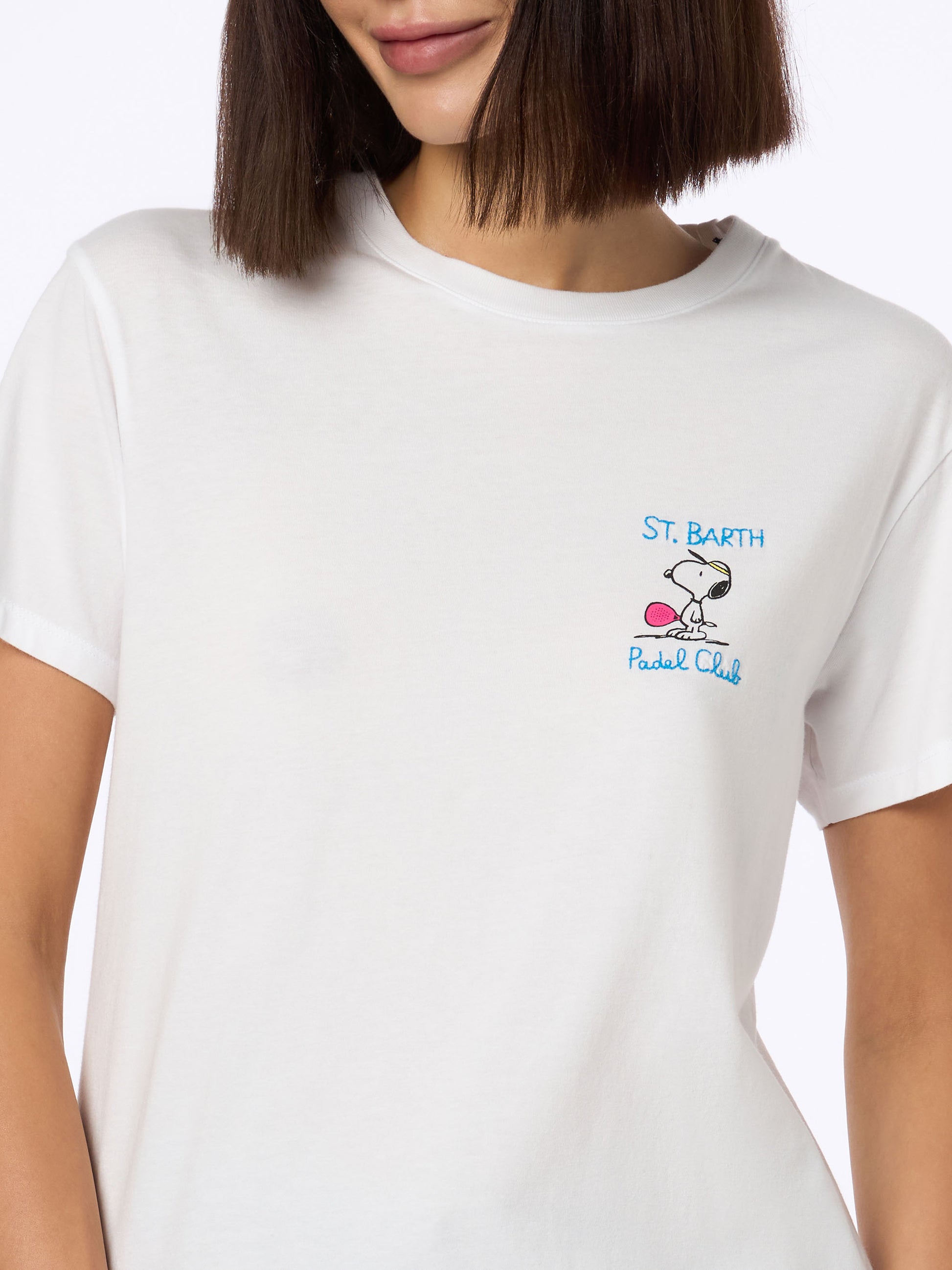Woman pink cotton jersey crewneck t-shirt Emilie with Snoopy St. Barth Padel Club embroidery | SNOOPY PEANUTS SPECIAL EDITION - MC2 Saint Barth