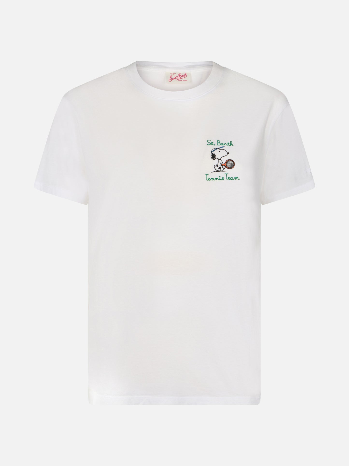 Woman pink cotton jersey crewneck t-shirt Emilie with Snoopy St. Barth Tennis Team embroidery | SNOOPY PEANUTS SPECIAL EDITION - MC2 Saint Barth