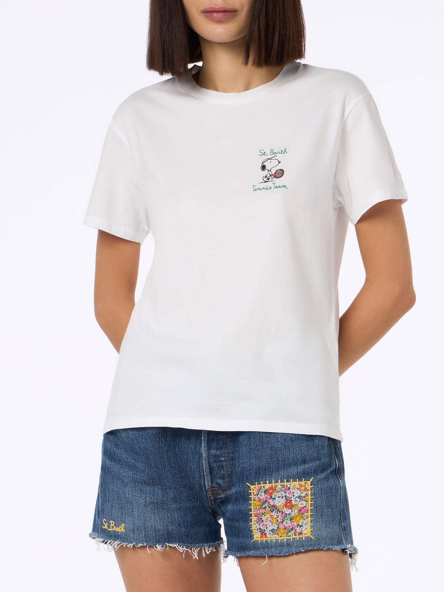 Woman pink cotton jersey crewneck t-shirt Emilie with Snoopy St. Barth Tennis Team embroidery | SNOOPY PEANUTS SPECIAL EDITION - MC2 Saint Barth