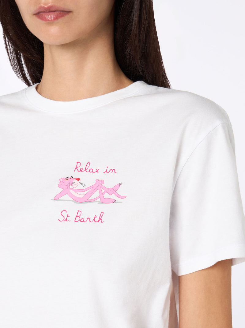 T-shirt girocollo in jersey di cotone bianco da donna Emiilie con ricamo Relax in St. Barth | EDIZIONE SPECIALE PINK PANTHER