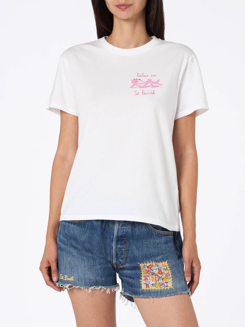 T-shirt girocollo in jersey di cotone bianco da donna Emiilie con ricamo Relax in St. Barth | EDIZIONE SPECIALE PINK PANTHER