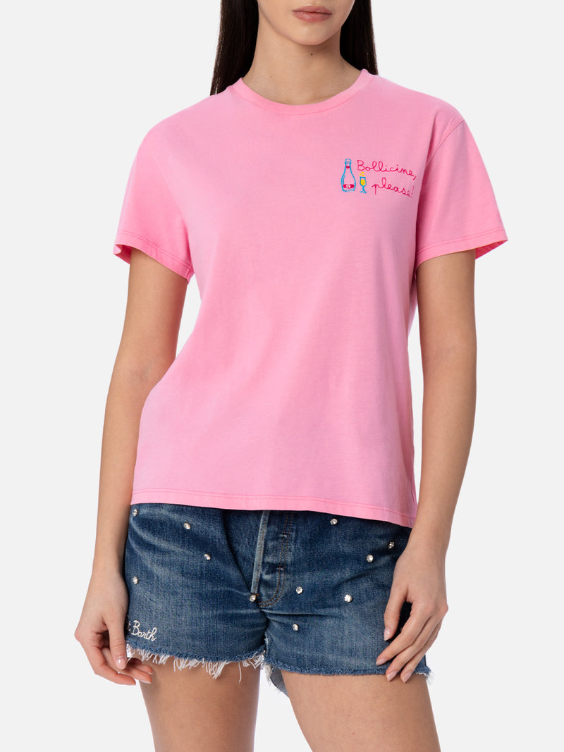 Rosa Damen-T-Shirt Emilie aus Baumwolljersey mit Rundhalsausschnitt und Stickerei „Bollicine, please“