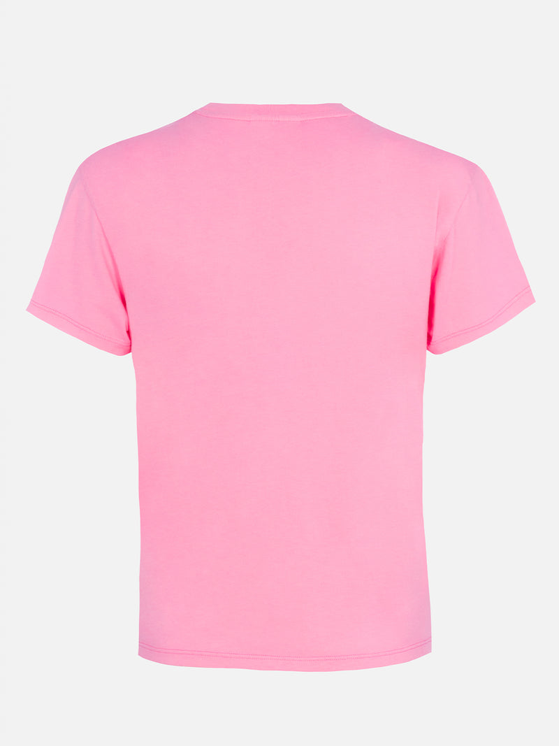 Woman pink cotton jersey crewneck t-shirt Emilie with Bollicine, please embroidery