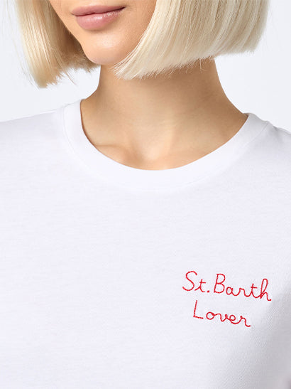 Woman cotton jersey crewneck t-shirt Emilie with St. Barth Lover embroidery