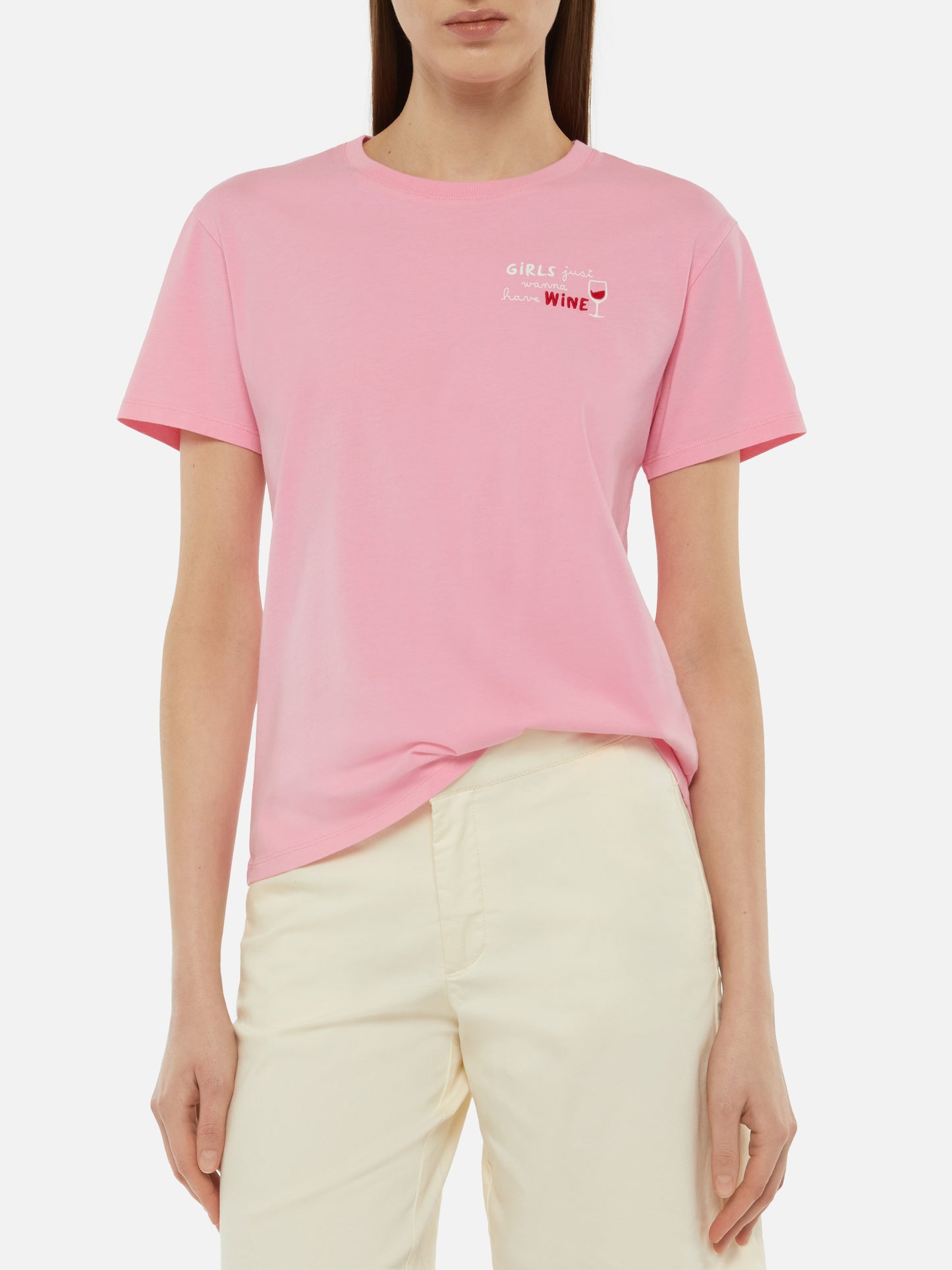 T-shirt Emilie in cotone con ricamo Girls just wanna have wine