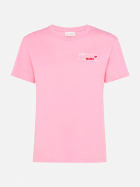 T-shirt Emilie in cotone con ricamo Girls just wanna have wine