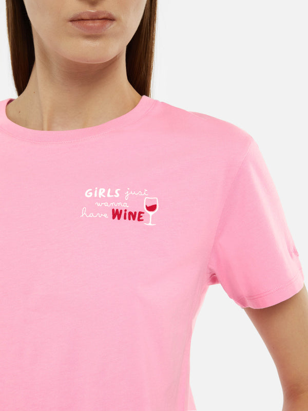 Emilie cotton t-shirt with Girls just wanna have wine embroidery