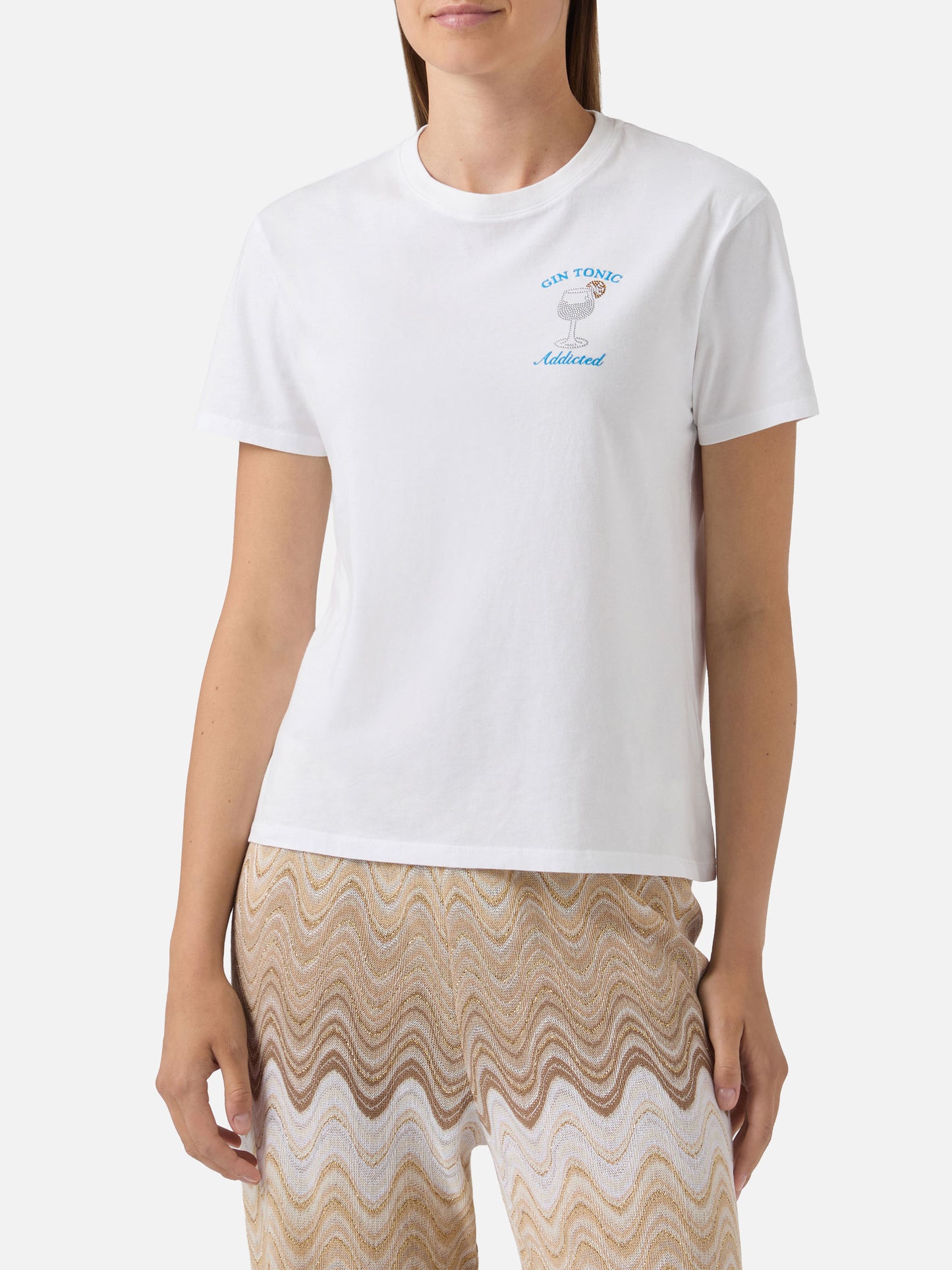 White Emilie T-shirt with Gin Tonic Addicted embroidery and rhinestones