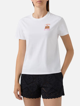 White Emilie T-shirt with + Borse che occhiaie embroidery and rhinestones